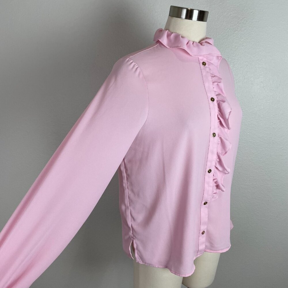 J. Crew Womens 4 Pink Ruffle Button Up Blouse Long Sleeve Shirt Top - Picture 4 of 11